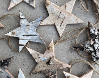 Birch Bark Christmas Tree Ornaments, One Of A Kind, Christmas Star, Handmade Natural Canadian Wood