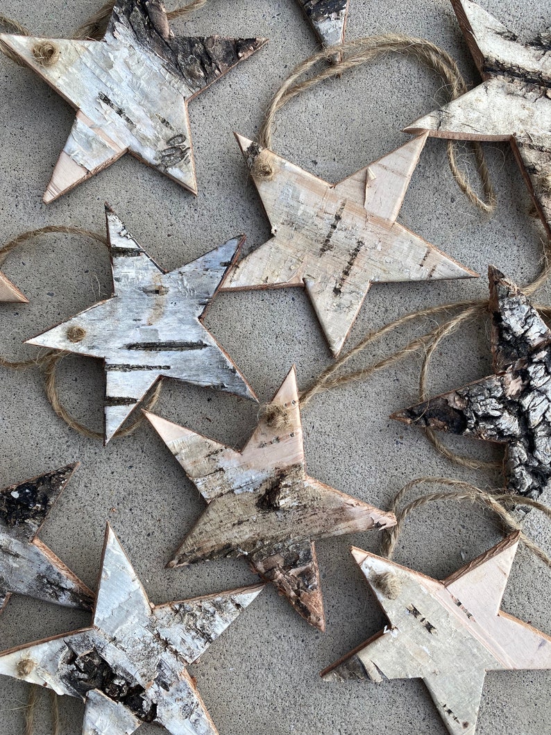 Birch Bark Christmas Tree Ornaments, One Of A Kind, Christmas Star, Handmade Natural Canadian Wood image 1