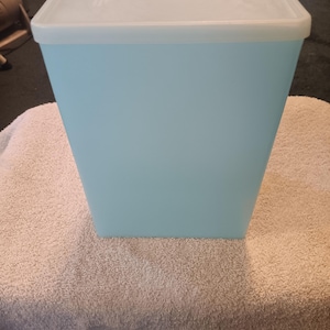 May include: A light blue plastic storage container with a white lid. The container is rectangular with a slightly tapered design. The lid fits snugly on top. The container is sitting on a white towel.