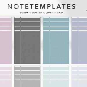 Könnte beinhalten: Acht druckbare Notizvorlagen in verschiedenen Stilen: leer, gepunktet, liniert und Raster. Die Vorlagen sind in verschiedenen Schattierungen von Rosa, Grau, Blau und Lila.
