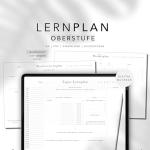 May include: A black and white printable learning planner with the words "Lernplan Oberstufe" at the top. The planner includes sections for weekly, daily, and monthly planning. The planner is designed for students in upper secondary school.