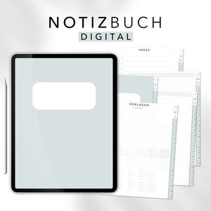 Puede incluir: Una aplicación de cuaderno digital en una tableta con un lápiz. La aplicación tiene un fondo azul claro y un rectángulo blanco en el centro. El texto "NOTIZBUCH DIGITAL" está en la parte superior de la imagen. La aplicación tiene un índice y plantillas.
