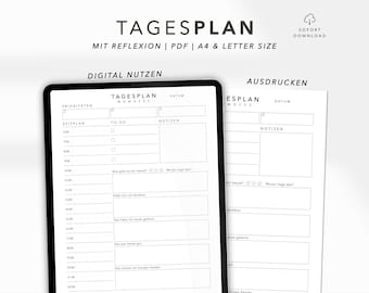 Tagesplan PDF zum ausdrucken Tagesplaner download A4 digital planen goodnotes Tages plan mit Reflexion tägliche Selbstreflexion Vorlage PDF