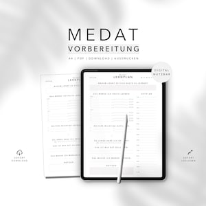 Könnte beinhalten: Ein schwarz-weißer druckbarer Studienplaner mit dem Titel "MedAT Vorbereitung" und dem Text "A4 | PDF | DOWNLOAD | AUSDRUCKEN". Der Planer enthält Abschnitte für "Datum", "Lernplan", "Warum lohnt es sich heute zu lernen?", "Das werde ich heute lernen", "Zeitplan", "Weitere wichtige Aufgaben" und "Notizen".