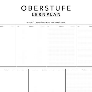 Pu&ograve; includere: Un modello di piano di apprendimento stampabile con il titolo "Oberstufe Lernplan" e il testo "Bonus 2: diversi modelli di note". Il modello include sei pagine vuote per prendere appunti.