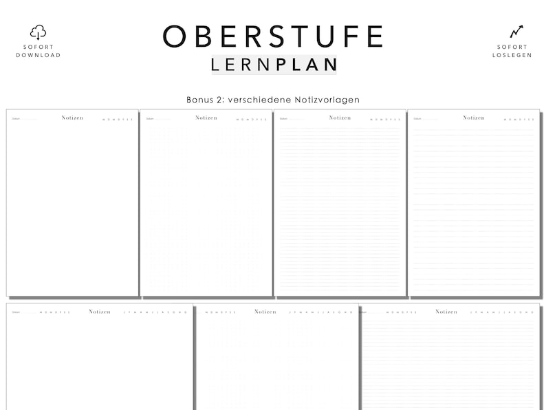 Pu&ograve; includere: Un modello di piano di apprendimento stampabile con il titolo "Oberstufe Lernplan" e il testo "Bonus 2: diversi modelli di note". Il modello include sei pagine vuote per prendere appunti.