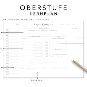 Pu&ograve; includere: Un planner stampabile in bianco e nero con il titolo "Oberstufe Lernplan" e il testo "A4 | beliebig oft Ausdrucken | digital nutzen". Il planner &egrave; diviso in sezioni per compiti quotidiani, obiettivi e riflessioni.