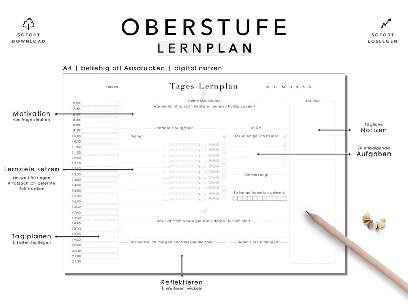 Pu&ograve; includere: Un planner stampabile in bianco e nero con il titolo "Oberstufe Lernplan" e il testo "A4 | beliebig oft Ausdrucken | digital nutzen". Il planner &egrave; diviso in sezioni per compiti quotidiani, obiettivi e riflessioni.