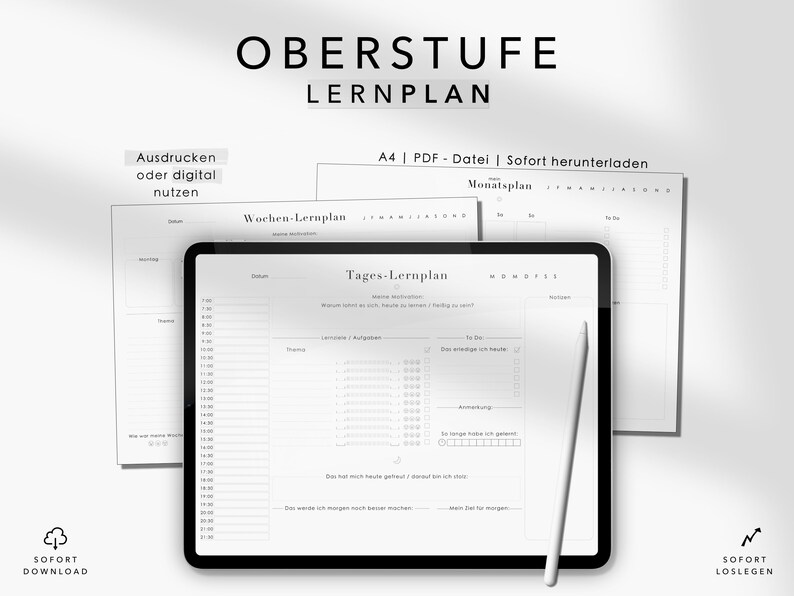 Pu&ograve; includere: Un planner digitale con un design in bianco e nero. Il planner include un layout giornaliero, settimanale e mensile. Il testo sul planner dice "Oberstufe Lernplan", che si traduce in "Piano di apprendimento di livello superiore".