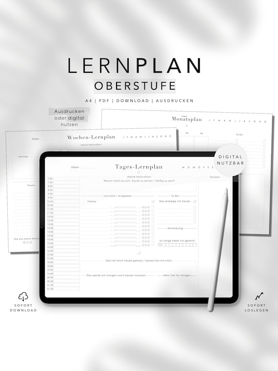 Lernplan Oberstufe Schule Gymnasium Zeitmanagement 1,0 Abitur Planer undatiert PDF wochenplaner goodnotes vorlage Tagesplan Monatsplan
