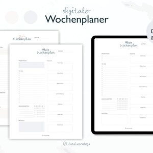 May include: A printable digital weekly planner with the text "Mein Wochenplan" (My Weekly Planner) in black text on a white background. The planner is divided into sections for priorities, to do, errands, notes, and a calendar. The text "Zum Drucken geeignet" (Suitable for printing) is in the upper right corner.