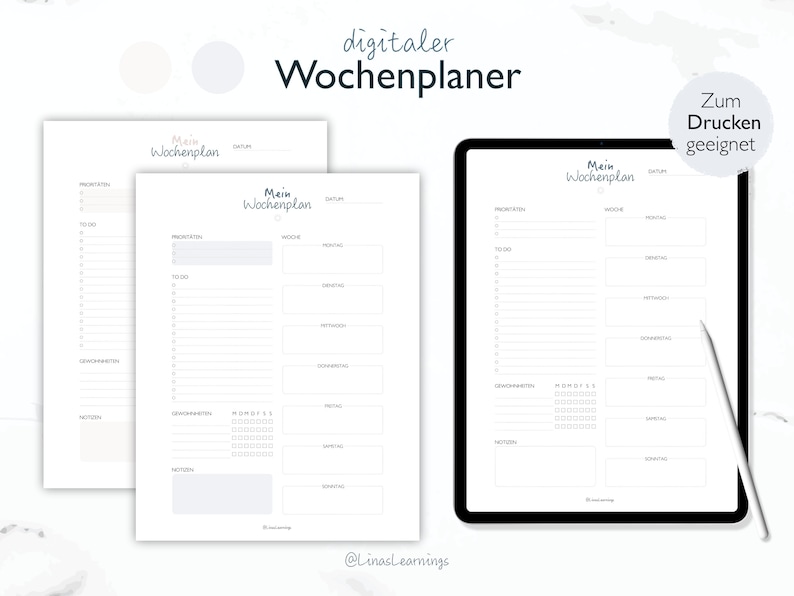 May include: A printable digital weekly planner with the text "Mein Wochenplan" (My Weekly Planner) in black text on a white background. The planner is divided into sections for priorities, to do, errands, notes, and a calendar. The text "Zum Drucken geeignet" (Suitable for printing) is in the upper right corner.
