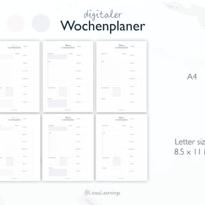 May include: A digital weekly planner in A4 and letter size (8.5 x 11 inches). The planner has a simple design with a white background and black text. The text says "digitaler Wochenplaner" which translates to "digital weekly planner".