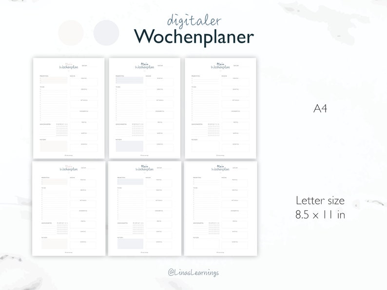 May include: A digital weekly planner in A4 and letter size (8.5 x 11 inches). The planner has a simple design with a white background and black text. The text says "digitaler Wochenplaner" which translates to "digital weekly planner".