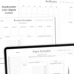 Pu&ograve; includere: Un planner stampabile in bianco e nero con il titolo "Oberstufe Lernplan" in tedesco. Il planner include un calendario mensile, un planner settimanale e un planner giornaliero. Il planner giornaliero ha sezioni per l'ora, il tema, gli obiettivi di apprendimento e la lista delle cose da fare.