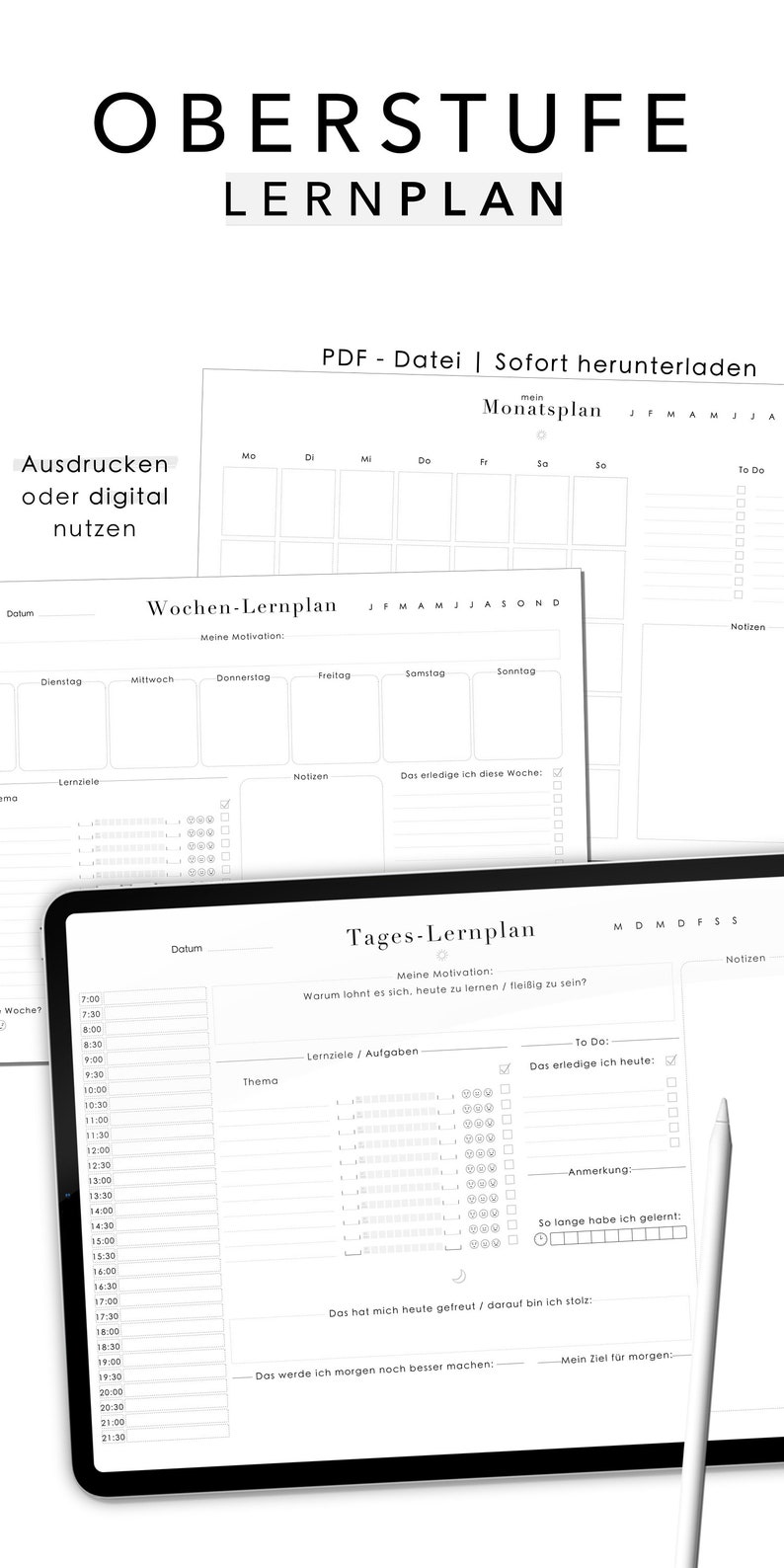 Pu&ograve; includere: Un planner stampabile in bianco e nero con il titolo "Oberstufe Lernplan" in tedesco. Il planner include un calendario mensile, un planner settimanale e un planner giornaliero. Il planner giornaliero ha sezioni per l'ora, il tema, gli obiettivi di apprendimento e la lista delle cose da fare.