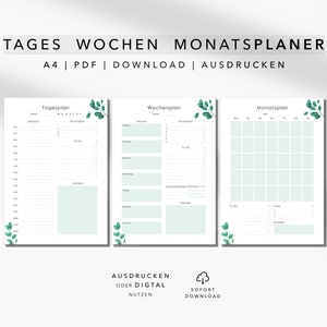 May include: Printable daily, weekly, and monthly planner templates in A4 size. The templates feature a minimalist design with green leaves in the corner of each page. The text on the page reads "Tages Wochen Monatsplaner A4 | PDF | Download | Ausdrucken".