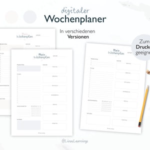 May include: A printable weekly planner template in German, titled "Mein Wochenplan" (My Weekly Planner). The template is designed for digital use and is suitable for printing.
