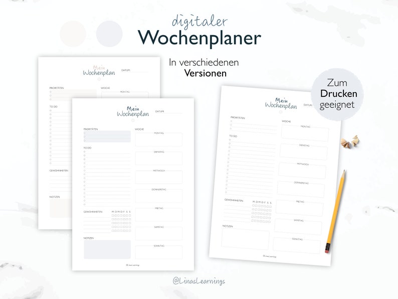 May include: A printable weekly planner template in German, titled "Mein Wochenplan" (My Weekly Planner). The template is designed for digital use and is suitable for printing.