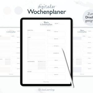 May include: A digital weekly planner template on a tablet screen. The template is designed for printing and includes sections for priorities, to-do lists, notes, and a daily schedule. The text on the template reads "Mein Wochenplan" which translates to "My Weekly Planner" in English.
