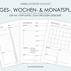 Puede incluir: Tres páginas de planificador imprimibles en blanco y negro. Las páginas son para la planificación diaria, semanal y mensual. El texto en las páginas dice "Tagesplan", "Wochenplan" y "Monatsplan".