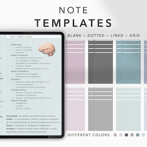 Könnte beinhalten: Eine digitale Planervorlage mit verschiedenen Notizstilen: leer, gepunktet, liniert und Raster. Die Vorlage ist in verschiedenen Farben erhältlich, darunter rosa, grau, blau und lila. Das Bild enthält auch ein Diagramm des Gehirns mit Text über seine Funktionen.