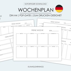 May include: A set of printable weekly planner templates in black and white. The templates are designed for A4 paper and are undated, making them reusable. The templates feature different layouts, including a daily schedule, a weekly overview, and a notes section. The text on the templates is in German.