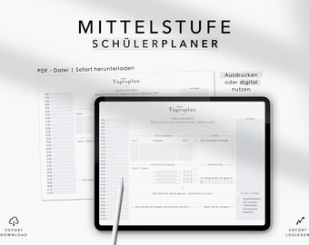 Könnte beinhalten: Ein digitaler Planer für Mittelschüler mit einem Tagesplan, einer To-Do-Liste und motivierenden Zitaten. Der Planer ist als PDF-Download verfügbar und kann ausgedruckt oder digital genutzt werden.