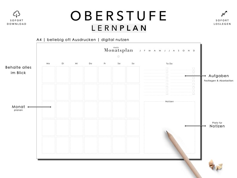 Pu&ograve; includere: Un planner mensile stampabile in bianco e nero con il titolo "Monatsplan" e il testo "Oberstufe Lernplan" in alto. Il planner ha una griglia per ogni giorno del mese, una sezione per le cose da fare e una sezione per gli appunti.