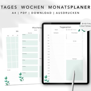 Può includere: Un planner digitale con uno schema di colori verde e bianco. Il planner include una vista giornaliera, settimanale e mensile. Il testo sul planner dice "TAGES WOCHEN MONATSPLANER A4 | PDF | DOWNLOAD | AUSDRUCKEN DIGITAL NUTZBAR".