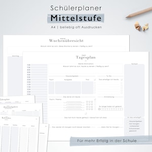 May include: A printable A4 planner for middle school students. The planner includes a weekly overview, daily schedule, to-do list, and space for notes. The text on the planner says "Schülerplaner Mittelstufe A4 | beliebig oft Ausdrucken" and "Für mehr Erfolg in der Schule".