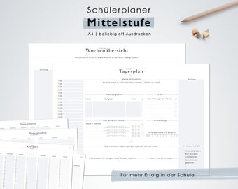 Könnte beinhalten: Ein druckbarer A4-Planer für Mittelschüler. Der Planer enthält eine Wochenübersicht, einen Tagesplan, eine To-Do-Liste und Platz für Notizen. Der Text auf dem Planer lautet "Schülerplaner Mittelstufe A4 | beliebig oft Ausdrucken" und "Für mehr Erfolg in der Schule".