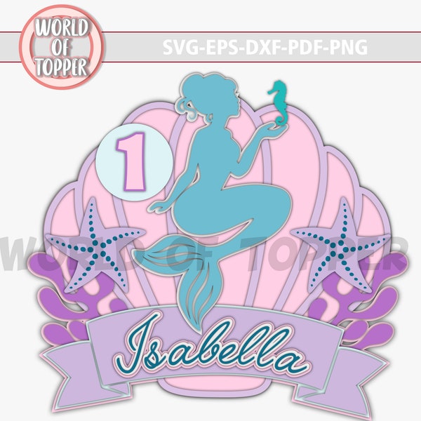 mermaid cake topper svg, cake topper birthday SVG, sea hourse dxf eps png pdf, "you can order your own name in custom order", 3D Layered svg