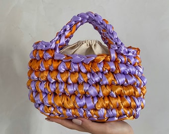 Handmade Crochet Basket Bag in satin