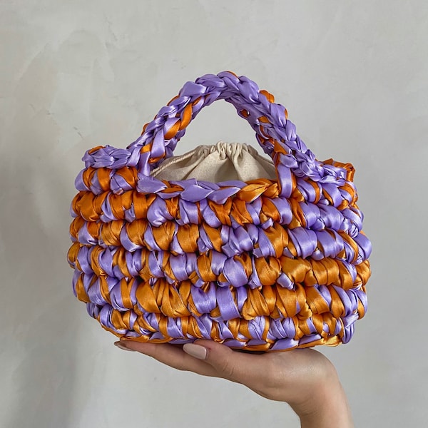 Handmade Crochet Basket Bag in satin