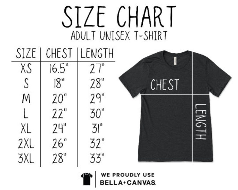 K&ouml;nnte beinhalten: Gr&ouml;&szlig;entabelle f&uuml;r Unisex-T-Shirts f&uuml;r Erwachsene. Die Tabelle zeigt die Gr&ouml;&szlig;en XS bis 3XL mit den entsprechenden Brust- und L&auml;ngenma&szlig;en in Zoll. Die Tabelle enth&auml;lt auch ein Foto eines dunkelgrauen T-Shirts mit den Beschriftungen "CHEST" und "LENGTH".