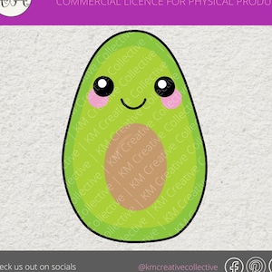 May include: A green avocado with a brown pit and a cute cartoon face. The avocado has pink cheeks and big black eyes.