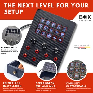 May include: A black carbon fiber StreamDeck control panel with multiple buttons and knobs. The panel has red and blue illuminated buttons with various icons and text labels. The product is designed for easy installation and customization.