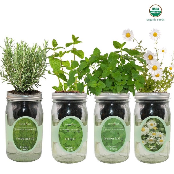 Herbal Tea Garden Garden Bundle- Mason Jar Hydroponic Kit Set with Organic Seeds(Rosemary, Mint, Lemon Balm, Chamomile), Gardening Gift