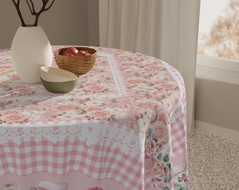 Pink gingham and rose tablecloth,pink cottage core,, coquette, gingham home decor, pink home decor, pink roses, pink tablecloth, tea cups
