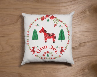 God Jul Scandinavian Christmas Pillow Case,Swedish style home decor,Scandinavian Home,Dala horse,Swedish Christmas,18x18 Square Pillow Case