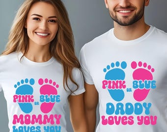 Camisetas personalizadas para revelar el género, camisetas rosas o azules, camisetas familiares a juego, camisetas para fiestas, revelación de género.