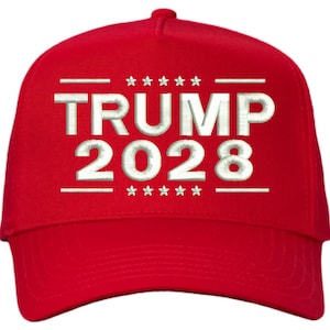 May include: Red baseball cap with white embroidered text that reads "TRUMP 2028" with stars above and below the text.