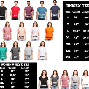 Puede incluir: Camisetas unisex y de cuello en V para mujer en varios colores y tallas. La tabla muestra las medidas de ancho y largo en pulgadas para cada talla. Los colores incluyen negro, rojo, granate jaspeado, azul teal jaspeado, azul marino jaspeado, malva jaspeado, melocot&oacute;n jaspeado, rosa, naranja, verde kelly, gris oscuro jaspeado, gris claro jaspeado y blanco.