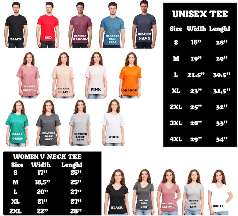 Puede incluir: Camisetas unisex y de cuello en V para mujer en varios colores y tallas. La tabla muestra las medidas de ancho y largo en pulgadas para cada talla. Los colores incluyen negro, rojo, granate jaspeado, azul teal jaspeado, azul marino jaspeado, malva jaspeado, melocot&oacute;n jaspeado, rosa, naranja, verde kelly, gris oscuro jaspeado, gris claro jaspeado y blanco.