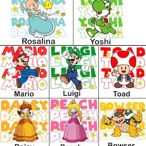 May include: Nine colorful illustrations of characters from the Super Mario video game series. Characters include Rosalina, Yoshi, Mario, Luigi, Toad, Daisy, Peach, and Bowser. Each character is set against a background with their name.