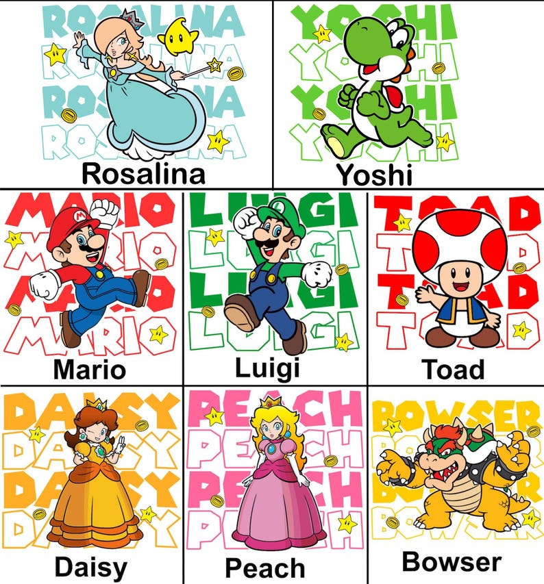 May include: Nine colorful illustrations of characters from the Super Mario video game series. Characters include Rosalina, Yoshi, Mario, Luigi, Toad, Daisy, Peach, and Bowser. Each character is set against a background with their name.