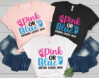 Camisetas personalizadas para revelar el género en rosa o azul, camisetas familiares a juego, camisetas para revelar el género, camisetas para fiestas, revelación de género