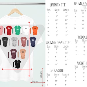 Puede incluir: Un gr&aacute;fico que muestra diferentes tama&ntilde;os y medidas para camisetas unisex, de mujer, de ni&ntilde;o peque&ntilde;o, de ni&ntilde;o y de body. El gr&aacute;fico incluye medidas de ancho y largo en pulgadas.