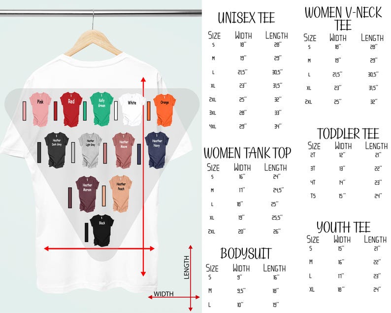 Puede incluir: Un gr&aacute;fico que muestra diferentes tama&ntilde;os y medidas para camisetas unisex, de mujer, de ni&ntilde;o peque&ntilde;o, de ni&ntilde;o y de body. El gr&aacute;fico incluye medidas de ancho y largo en pulgadas.